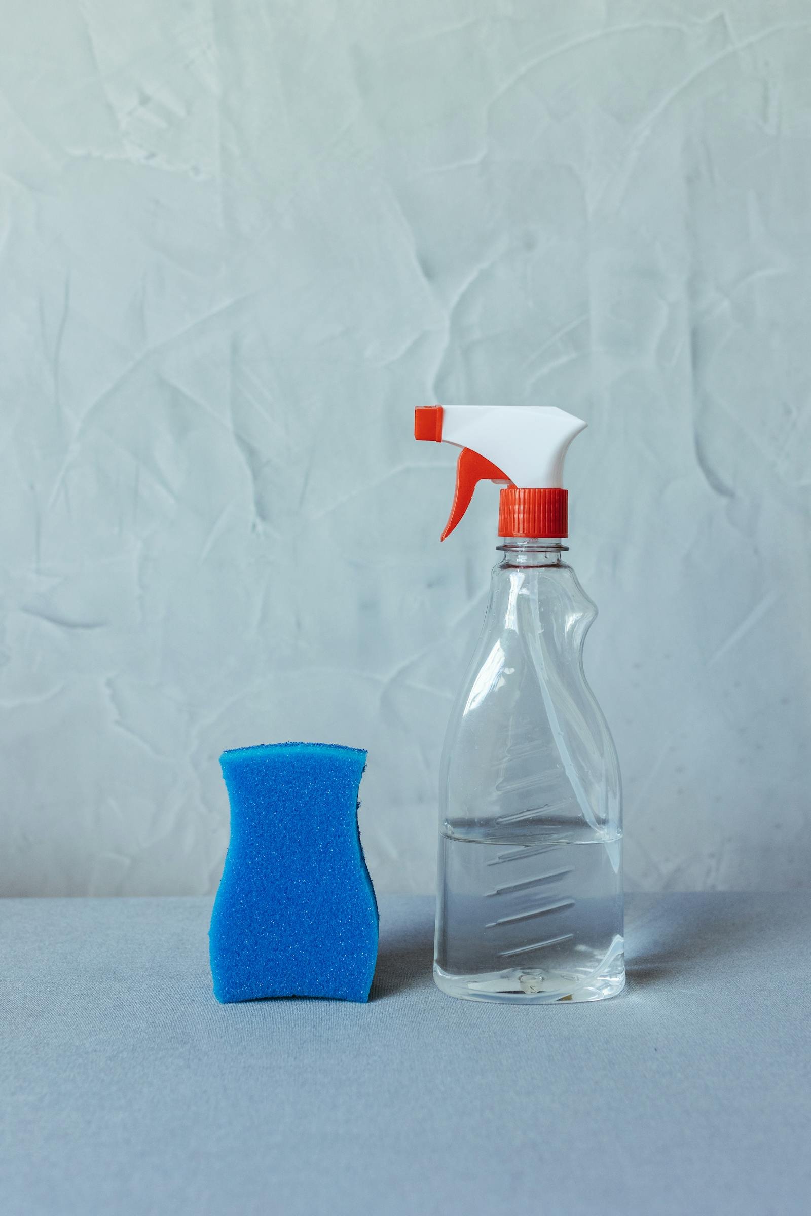 Cleaning supplies with spray bottle and sponge