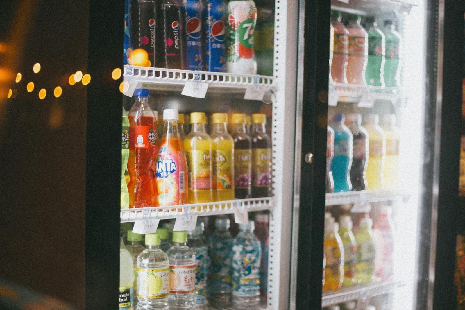 Bottled drinks displayed in commercial refrigeration